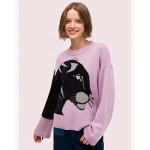 Kate Spade Sweater Wool Metallic Panther Crewneck Long Sleeve Lilac Black XXS